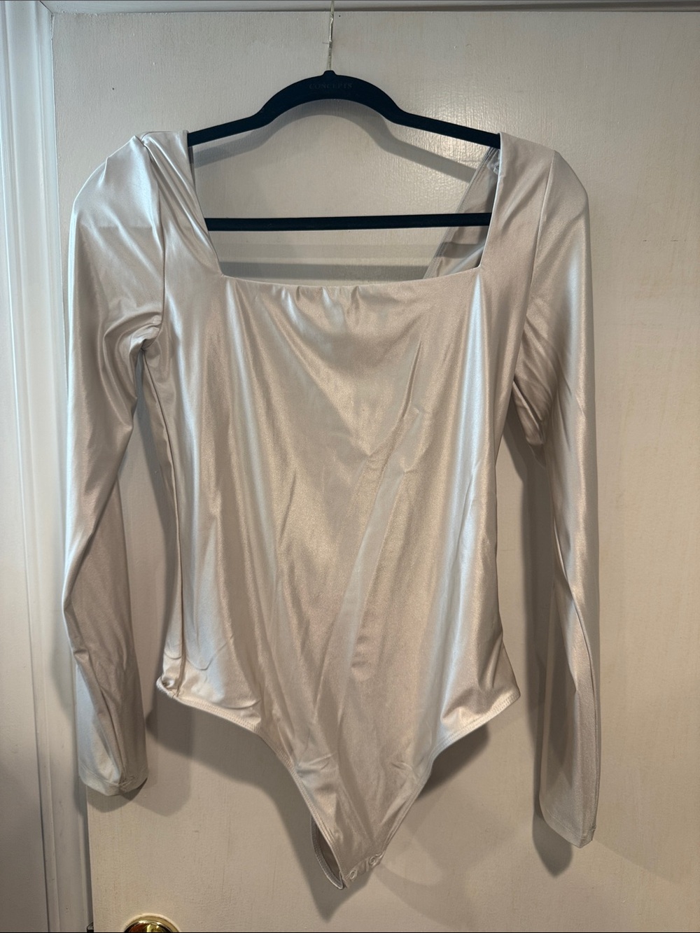 Babaton Metallic Silver Long-Sleeve Square Neck Bodysuit